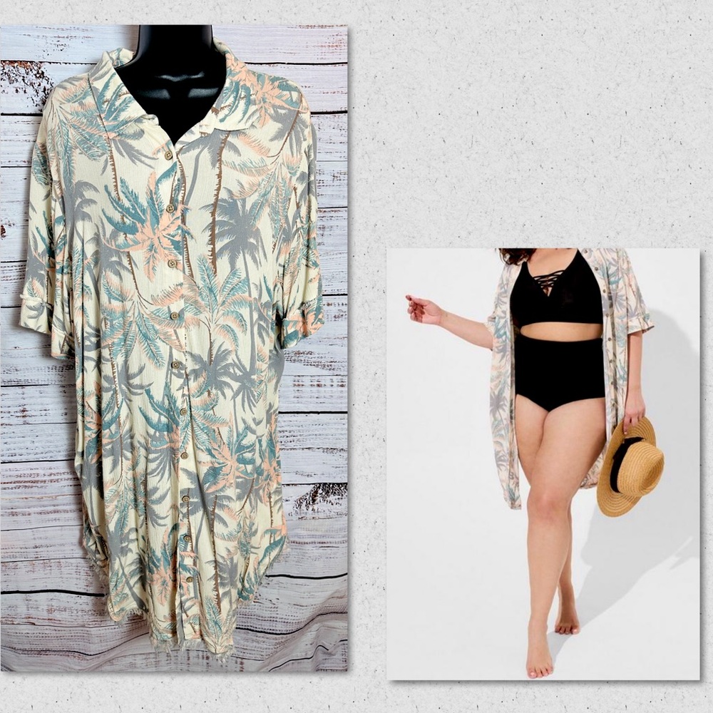 Torrid gauze button through coverup dress tropical shadows